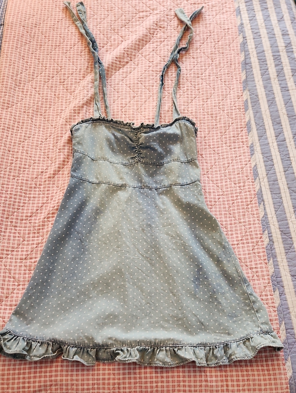 Bill A Bong Wrangler Collab Mini Denim Dress Polka Dot Denim Tie Straps Ruffles
